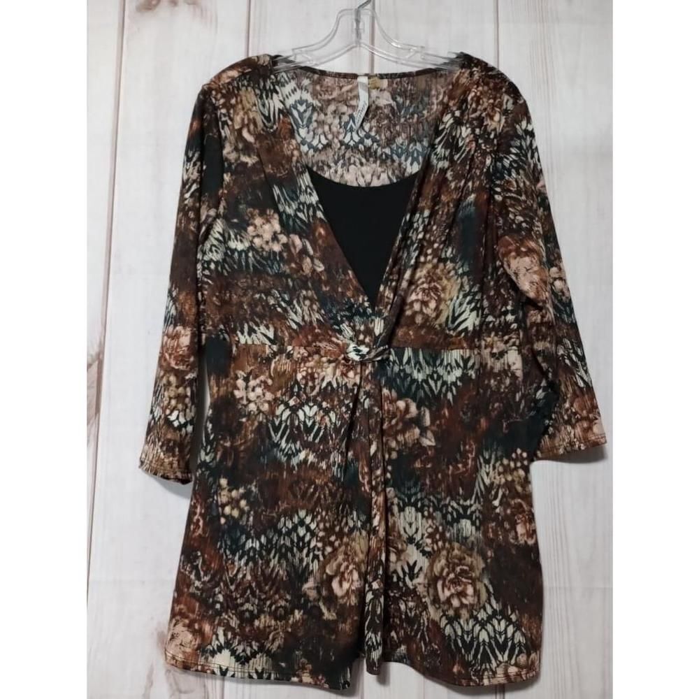 NY Collection Shirt Ladies 1x‎ Brown Floral Top Short Sleeve